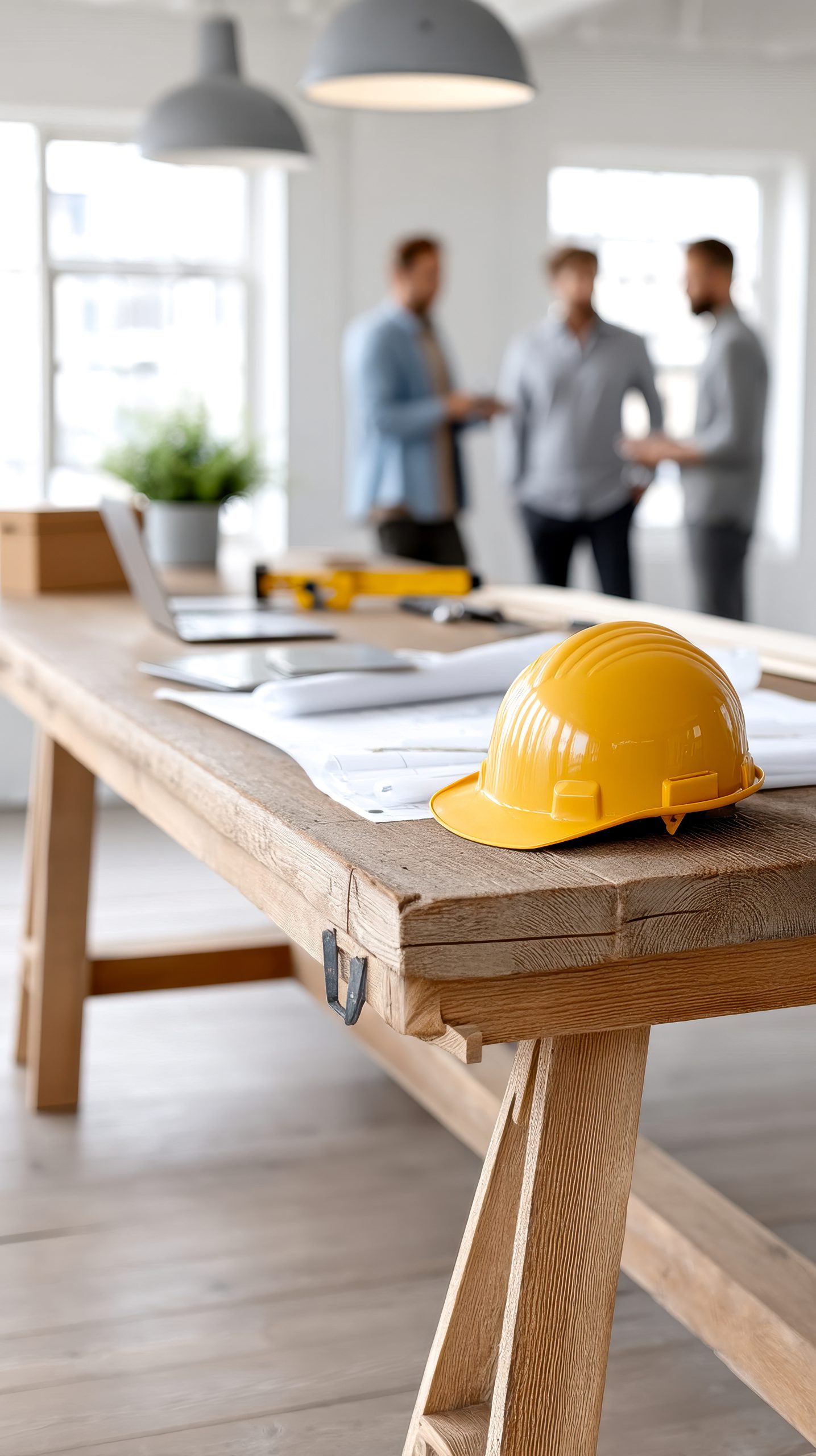 A yellow hard hat sits on a table with blueprints in a bright office, while three people have a discussion in the background.