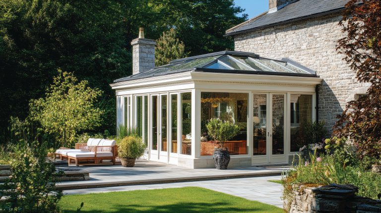 A charming sunroom with elegant glass walls and greenery