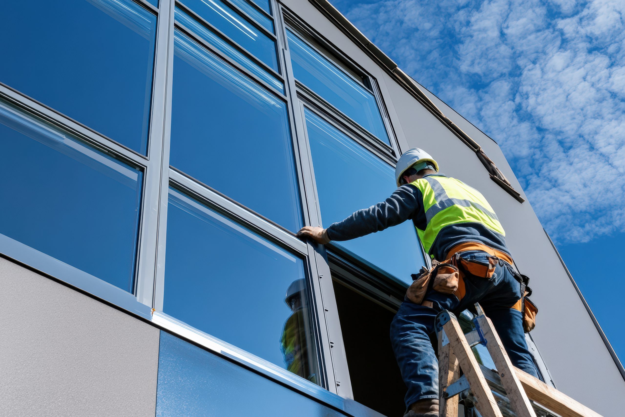 Worker installing new windows on tall building